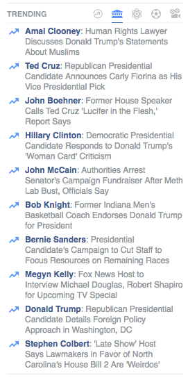 Facebook has removed human curators from its trending news team. The topics no longer have summaries like this. (image: facebook)